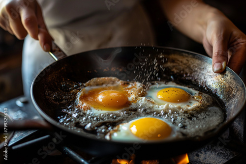 A dynamic image of a woman frying eggs in a skillet, with the eggs sizzling and bubbling as they cook, capturing the vibrant colors and textures of the cooking process up close, ev
