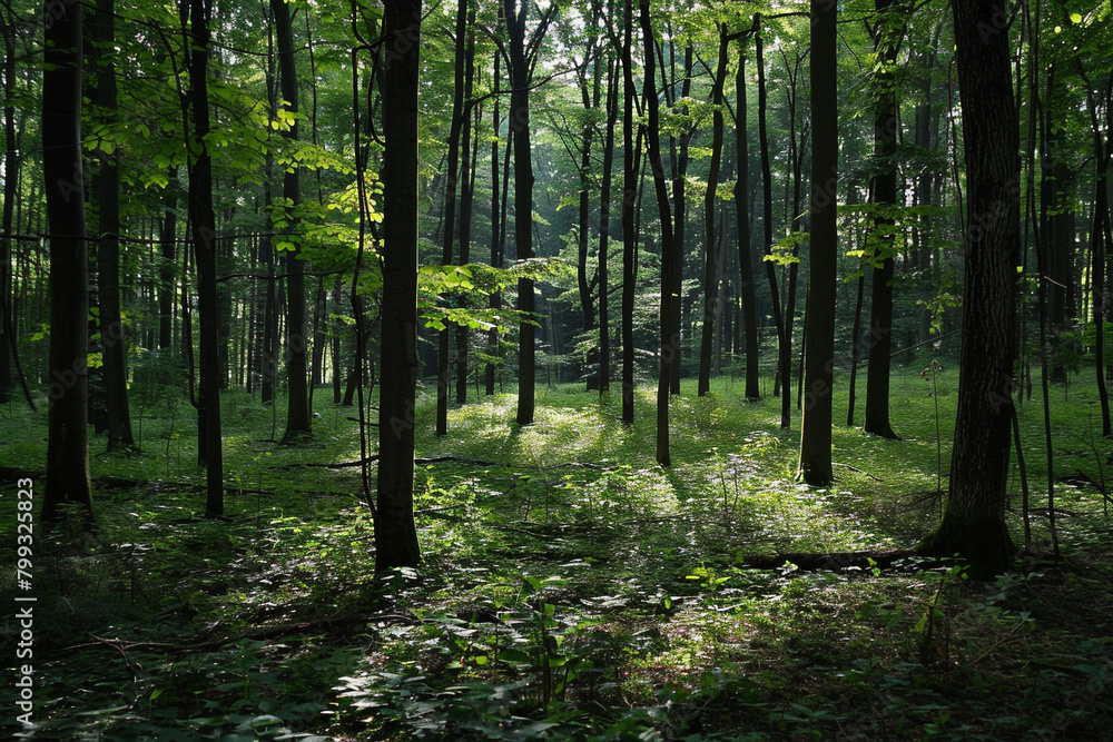View of the forest with lofty trees in dim or melancholy light. Background image of nature. The idea of carbon net zero.
