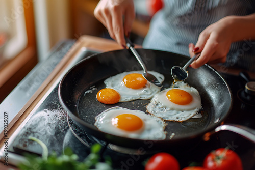 An intimate shot of a woman carefully flipping eggs in a skillet, with the eggs mid-air, suspended in a moment of culinary finesse, showcasing the skill and precision involved in a