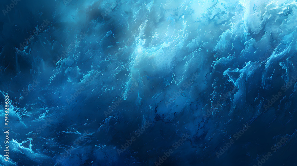 Underwater dreamscape with ethereal blue tones and light rays filtering through. Ideal for marine background, mystical wallpaper, or abstract aquatic design with copy space
