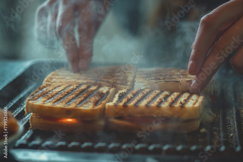 An intimate shot of a woman pressing down on a panini press, with the grill marks forming on the surface of the sandwich as it cooks, steam rising from the edges, evoking the mouth photo