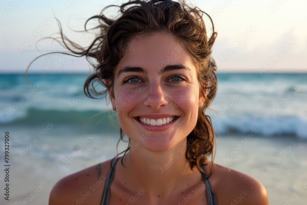 Beautiful happy smiling lady in her 30s on the ocean beach. AI Generated Beautiful happy smiling lady in her 30s on the ocean beach. AI Generated