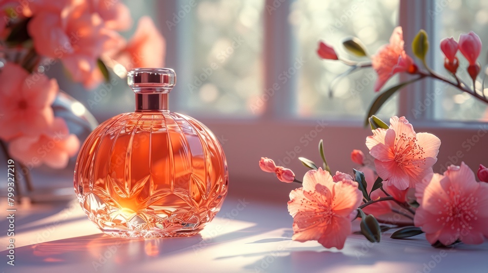 Photo of a perfume bottle with roses in background Photo of a perfume bottle with roses in background