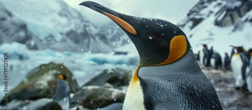 Portrait of penguins playing on the snow-covered sea photo