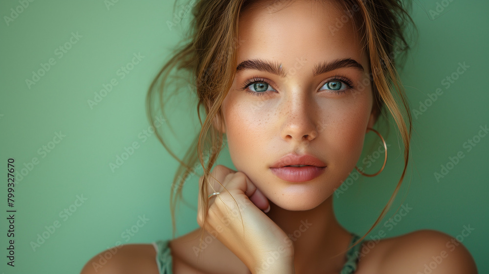 Young woman touch chin thoughtful dressed stylish green clothes isolated on violet color background Young woman touch chin thoughtful dressed stylish green clothes isolated on violet color background