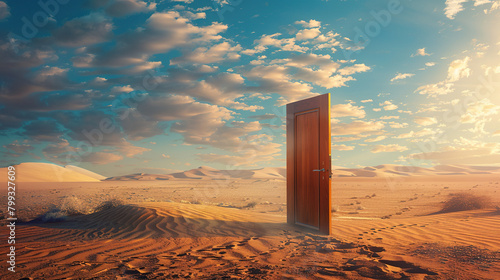 a door art placed in middle of desert with sand background , mockup , business, decor , painting , wallpaper , wallart ideas photo