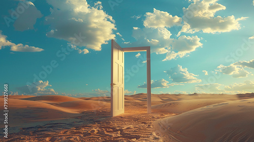 a door art placed in middle of desert with sand background , mockup , business, decor , painting , wallpaper , wallart ideas
