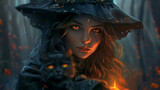 A beautiful witch holding her black cat in the dark woods, with glowing eyes, in the style of magical realism fantasy illustration. She wears a witch hat and black cloak, with highly detailed and intr