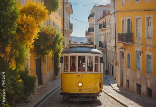 Lisbon, Portugal - Yellow tram on a street with colorful houses and flowers on the balconies - Bica Elevator going down the hill of Chiado photo