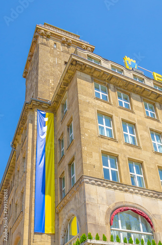 facade of the building with Ukrainian flag, Essen, Germany 