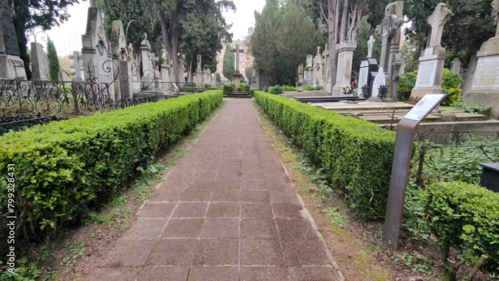 Cemetery aisle, gravestone, cemetery, burial, death, memory, mourning, sadness, grave. Vertical photo of a cloudy day. Cemetery aisle, gravestone, cemetery, burial, death, memory, mourning, sadness, grave. Vertical photo of a cloudy day.