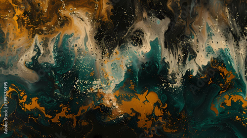 Abstract Swirls of Gold, Orange, and Emerald on Black Background