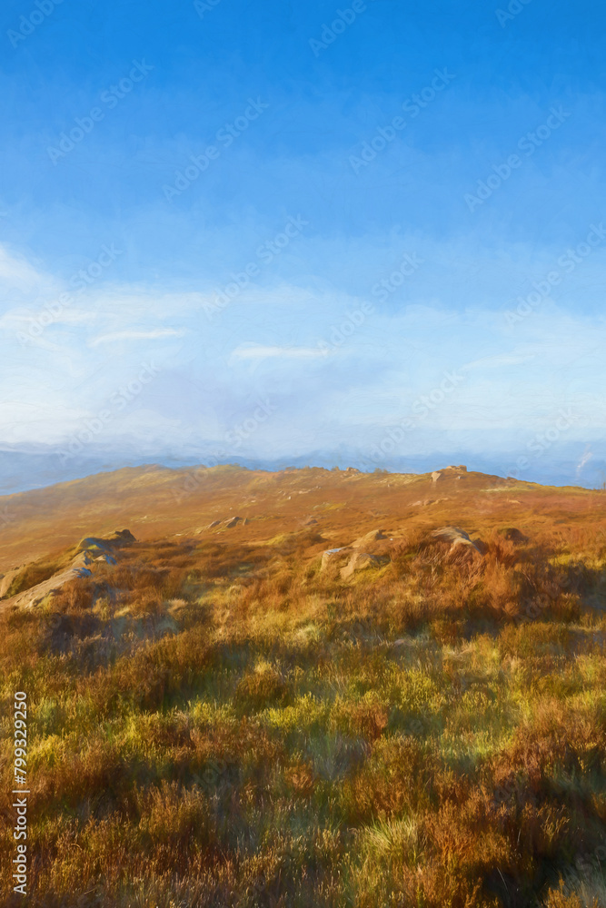 Peak District National Park digital oil painting of sunrise at The Roaches.