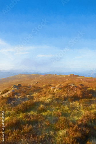 Peak District National Park digital oil painting of sunrise at The Roaches.