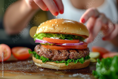 An intimate shot of a woman garnishing a burger with fresh toppings and condiments  with vibrant slices of tomato  lettuce  and onion arranged carefully on top  adding layers of fr