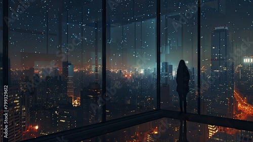 the city skyline from a window perspective late at night, featuring a solitary figure gazing out from a tall building, surrounded by the starry sky 