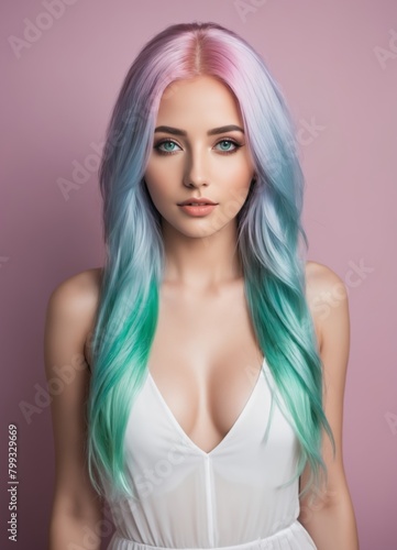  A young woman stunning woman with flowing pastel neon hair that cascades like a waterfall, her vibrant iridescent tresses illuminate the room with a gentle, ethereal glow