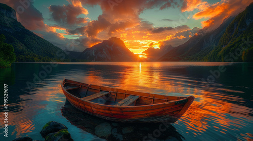 A boat is floating on a lake with a beautiful sunset in the background