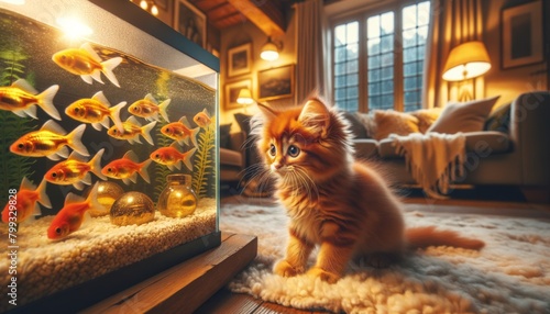little red kitten watching the golden fish in tank in cosy hugge house, follow your dream, ai generated photo