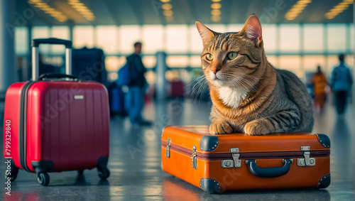 Cute cat, suitcase at the airport terminal