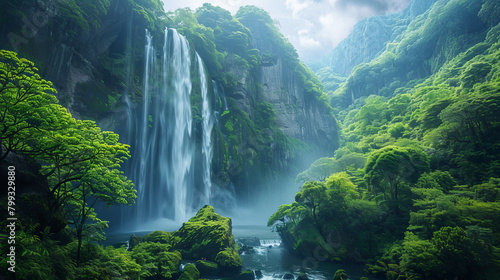 
A waterfall is surrounded by lush green trees and a forest
 photo