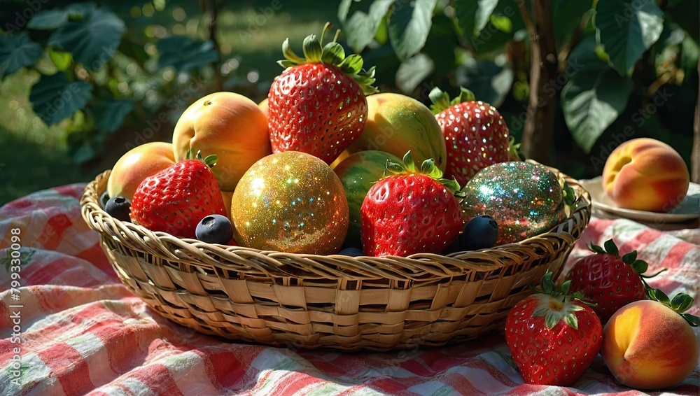 A fruit basket full of fresh watermelons, melons, strawberries and peaches, placed on a blanket in the shade of trees