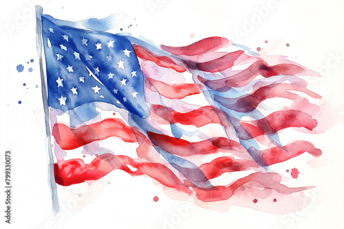 Watercolor American flag isolated on white background. USA flag on a white background for Independence Day in the USA in a watercolor style.