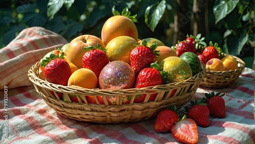 A fruit basket full of fresh watermelons, melons, strawberries and peaches, placed on a blanket in the shade of trees © dasha122007