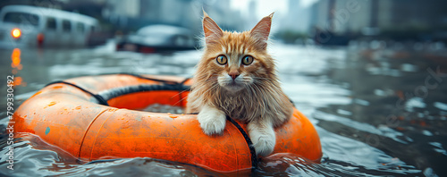 Cat midst of a city flood  clings to a orange buoy. Urban survival and resilience animals in flood. photo