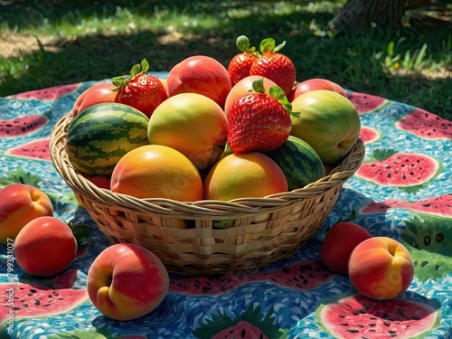 A fruit basket full of fresh watermelons  melons  strawberries and peaches  placed on a blanket in the shade of trees