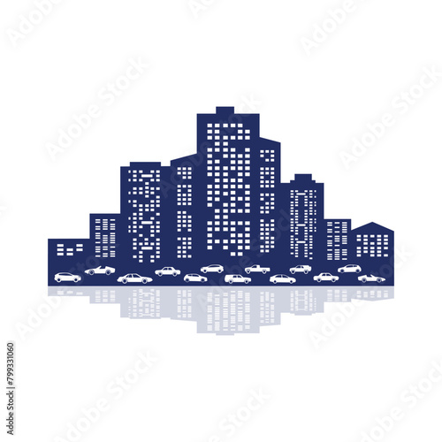  Vector city skyline with modern buildings silhouette with reflection in water and  car. Vector illustration. City skyline silhouette.
