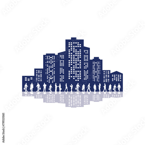 Vector city skyline with modern buildings silhouette with reflection in water and  working business people. Vector illustration. City skyline silhouette.