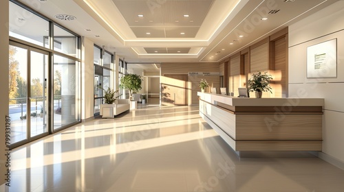 a bright, modern, and spacious hospital entrance, complete with automatic sliding doors and a contemporary reception desk, amidst a tranquil and comfortable environment that puts patients at ease.