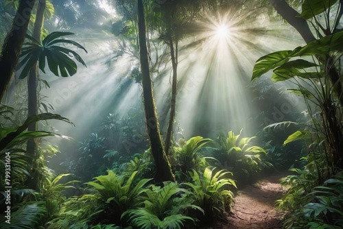 Enchanting rays of sunlight filtering through the verdant tropical rainforest canopy  casting a spellbinding aura of mystique and beauty.