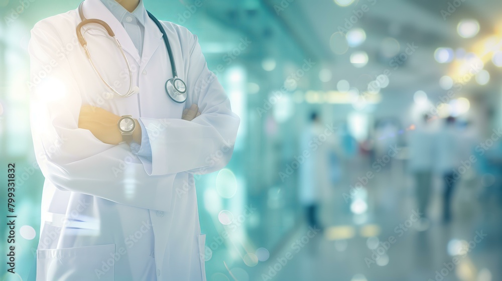 detail of a doctor wearing white coat and stethoscope with very light blurred hospital background, copy space detail of a doctor wearing white coat and stethoscope with very light blurred hospital background, copy space