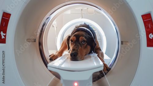 Dog undergoing CAT scan view from inside in modern clinic, © aciddreamStudio