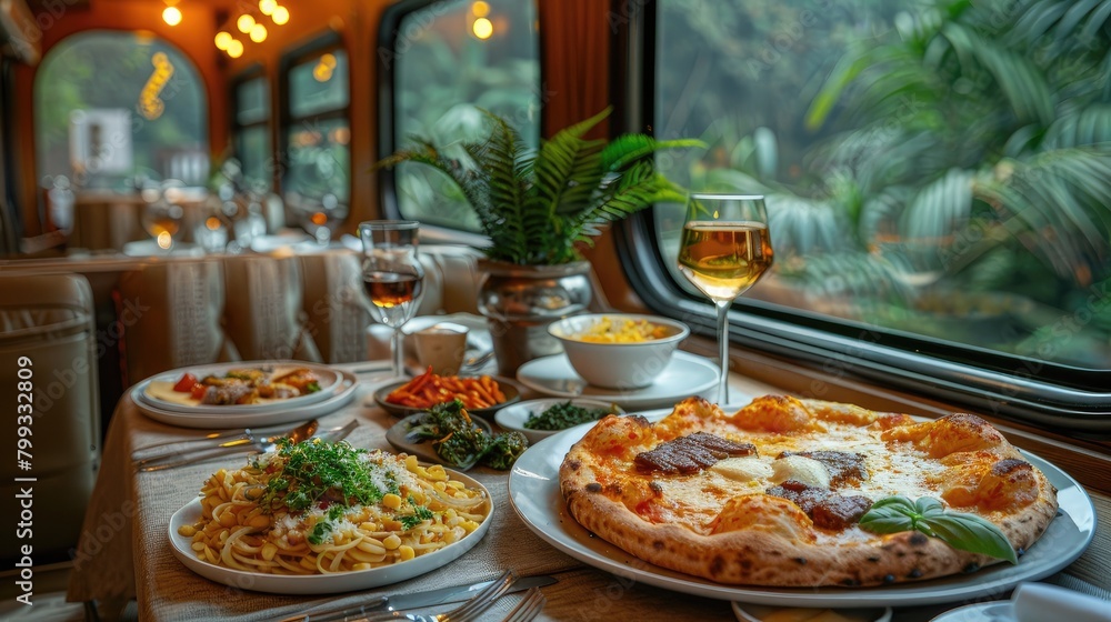 a modern high-speed rail train table adorned with a tablecloth, featuring tantalizing Western cuisine such as steak and pizza spread across it, enticing passengers with a feast on the move.