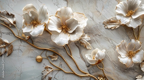 panel wall art featuring a marble background adorned with intricate white and golden flower designs, elevating the ambiance of any space as an exquisite wall decoration.