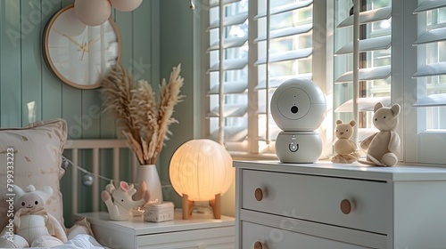 baby room with an electronic nanny placed on the night table, ensuring a watchful eye over the little one. photo