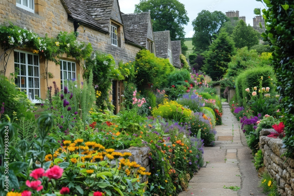 Old English stone village street with beautiful flower gardens and trees. AI Generated 