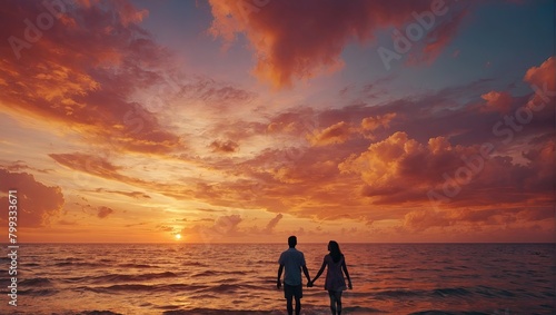 The couple stands on the shore  embracing  enjoying the beauty of the sunset and the beautiful view