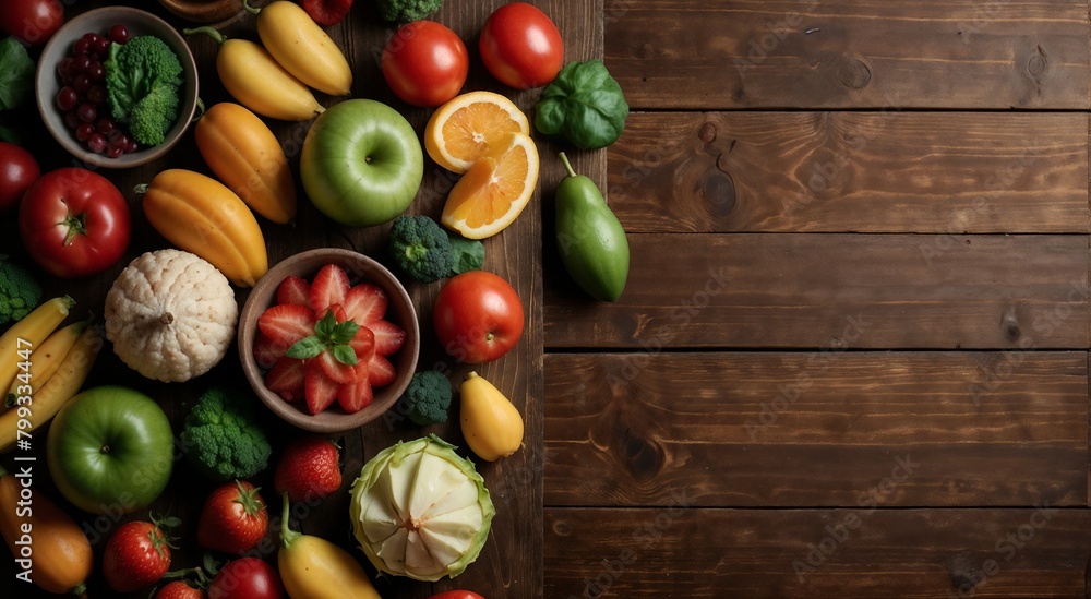 Fruits and vegetables on a wooden background, close-up