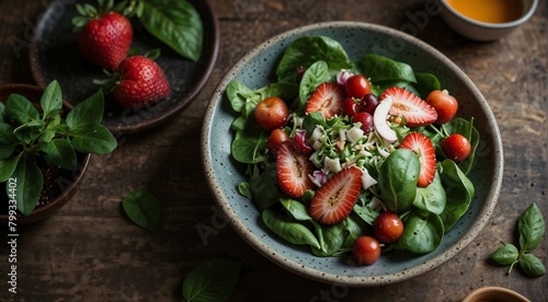 Bowl of salad with strawberries and herbs in plates on wooden background