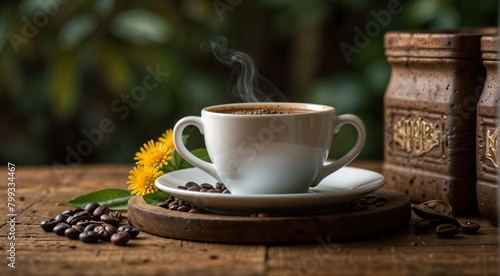 White cup of coffee with beans on a wooden background close-up