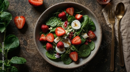 Bowl of salad with strawberries and herbs in plates on wooden background