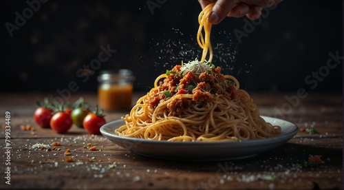 Pasta with meat on a plate, close-up