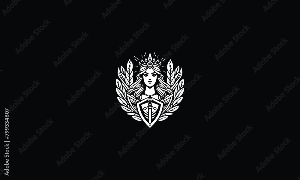 Queen with crown, shield, sword, flower, leaves, rose design logo 