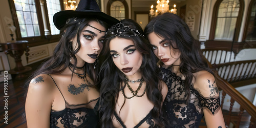 Three Girls Dressed as Witches - New Halloween and Horror Concept Card