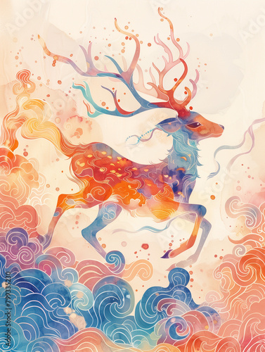 A running fairy deer is surrounded by colorful auspicious clouds. The mysterious pattern reflects transparent rainbow colors  using extremely delicate brushstrokes  soft and smooth  and a pink gradien