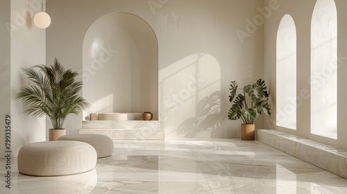 3d render of a large empty room with arches and plants